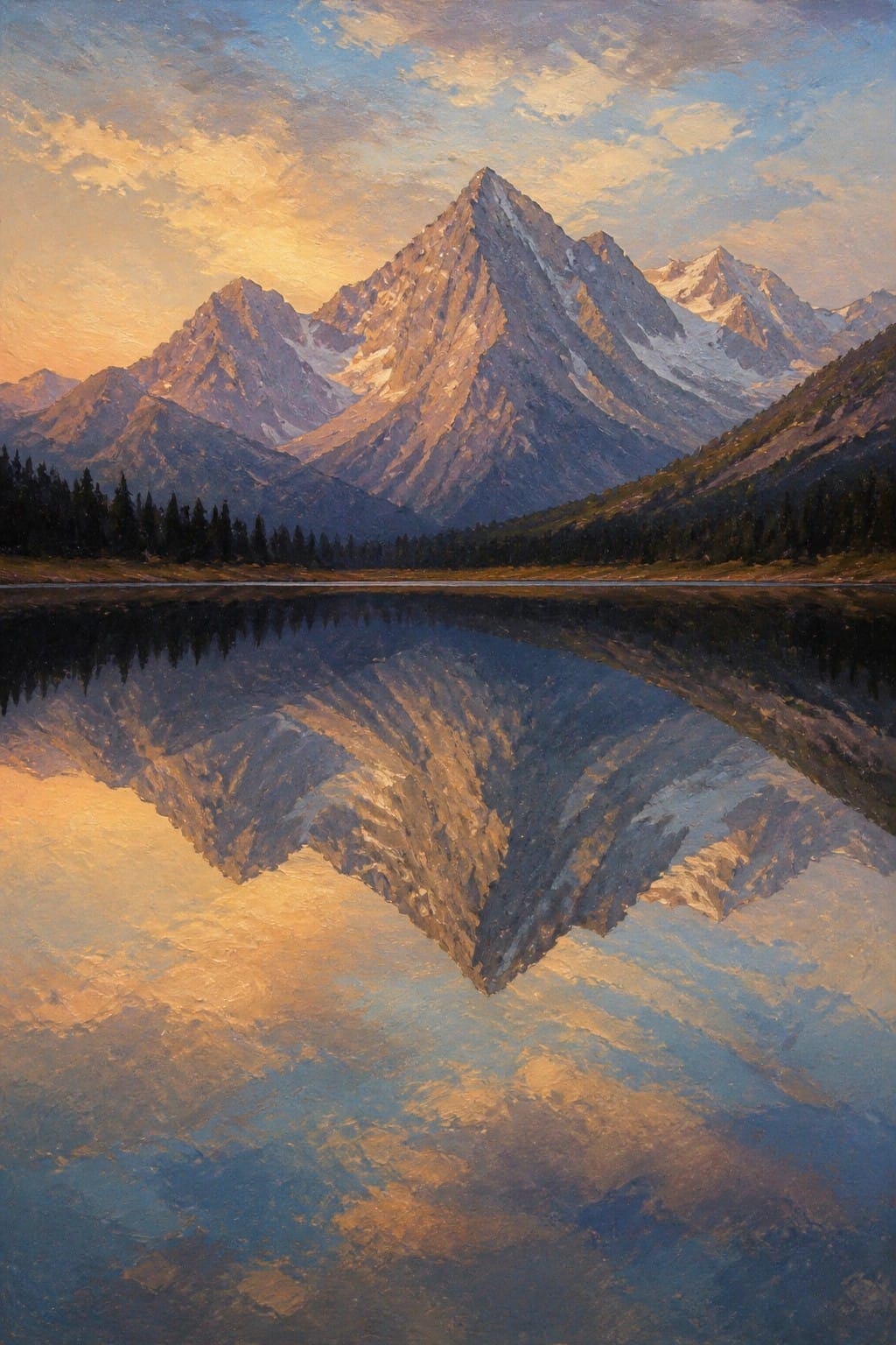 Rugged mountain peaks glowing in golden light, reflected in a calm lake.