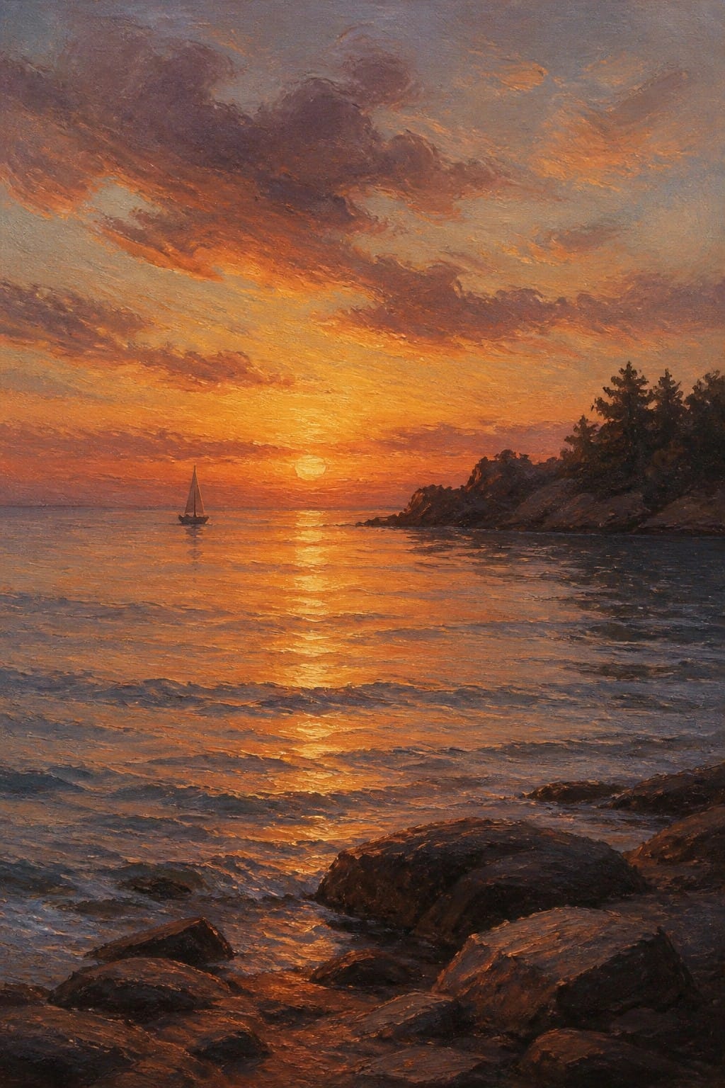 Seascape oil painting of sailboat on waves at vibrant orange sunset with rocks.