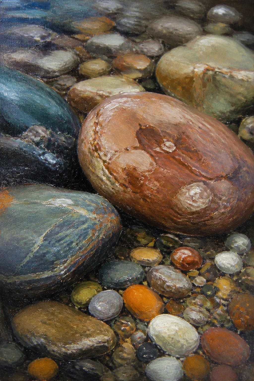 An oil painting showing many wet, rounded pebbles in shallow water with varied brown, green, orange, and gray colors and visible reflections.
