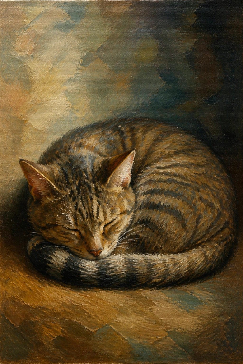 An oil painting of a brown tabby cat curled up asleep with eyes closed on a wooden surface against a dark blended background.