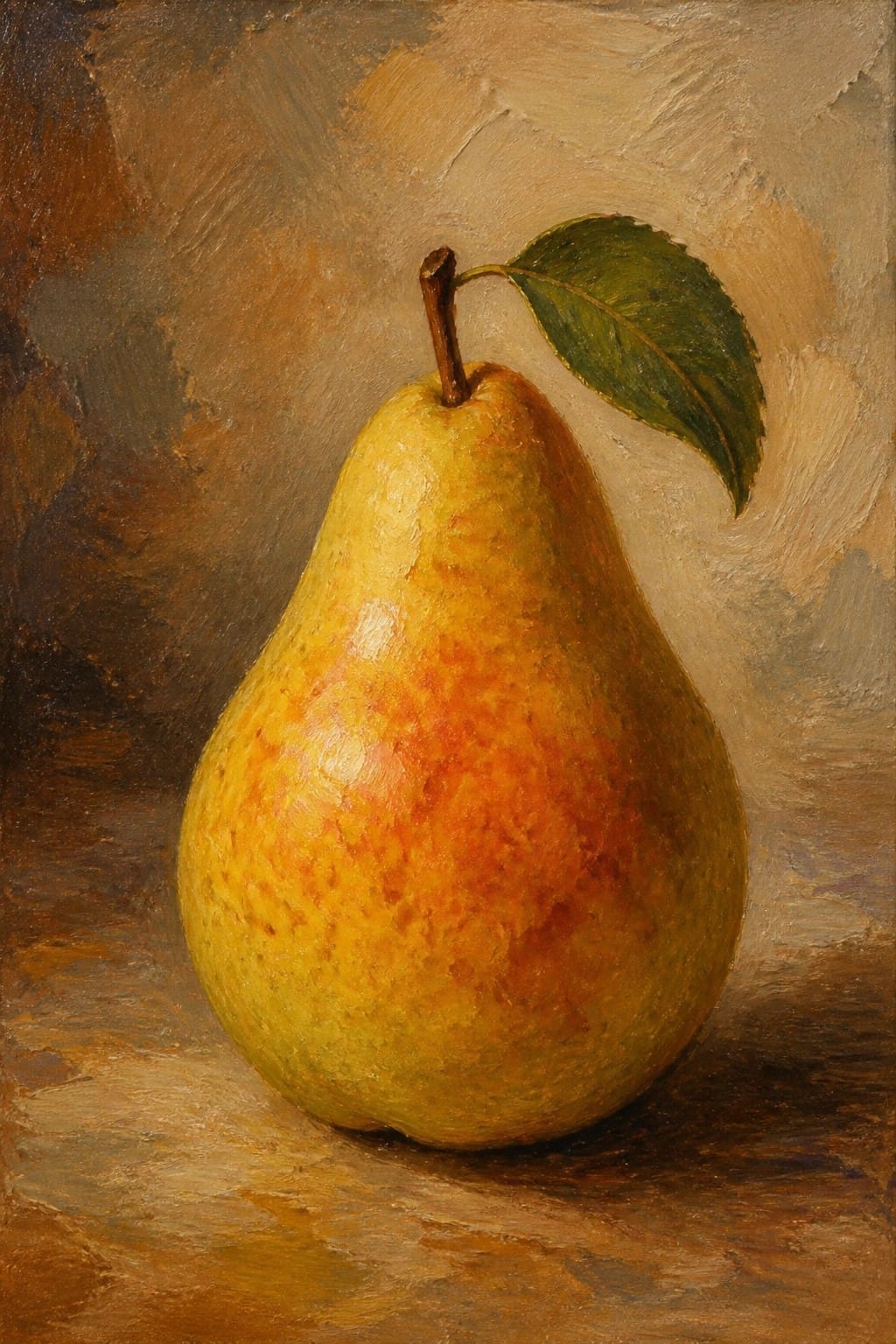 Yellow pear with red speckles, green leaf, and stem on brown textured background.
