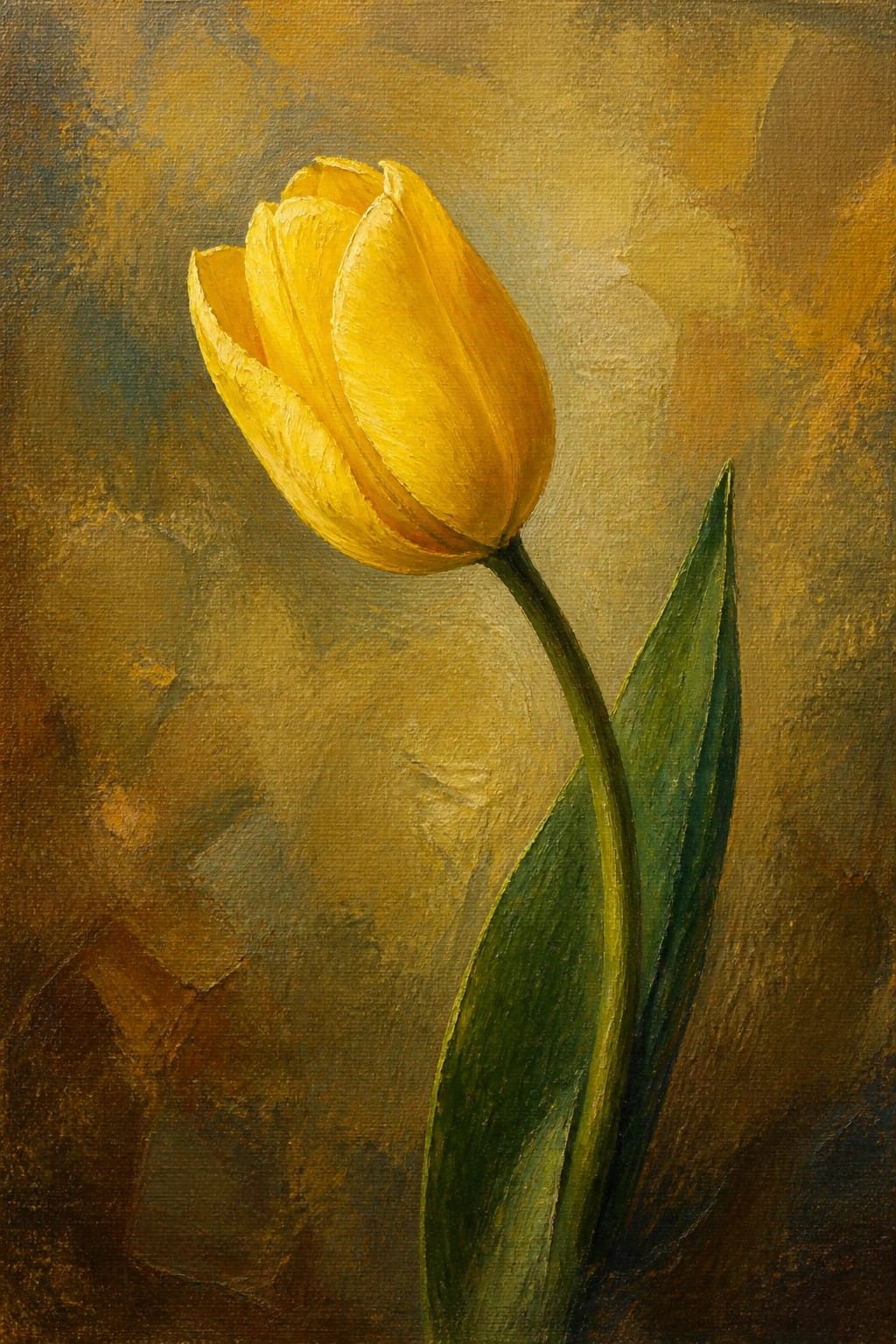 Yellow tulip with green leaves on textured brown and gold background