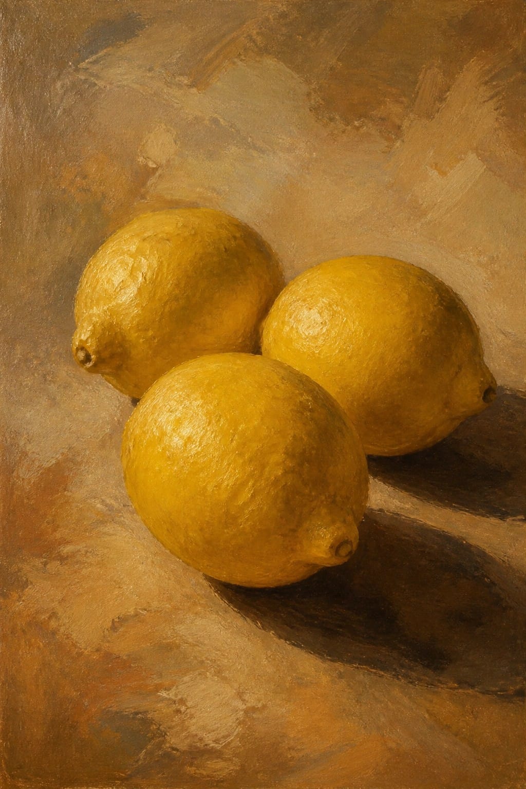 Three yellow lemons on a textured brown surface with soft shadows.