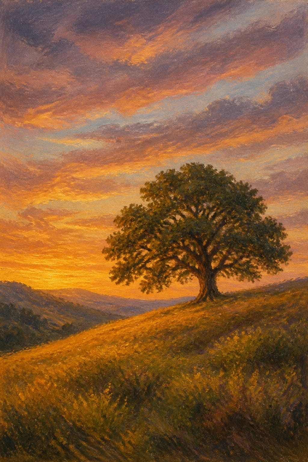 An oil painting of a single leafy tree on a golden hillside beneath a vibrant orange and purple sunset sky with distant hills.