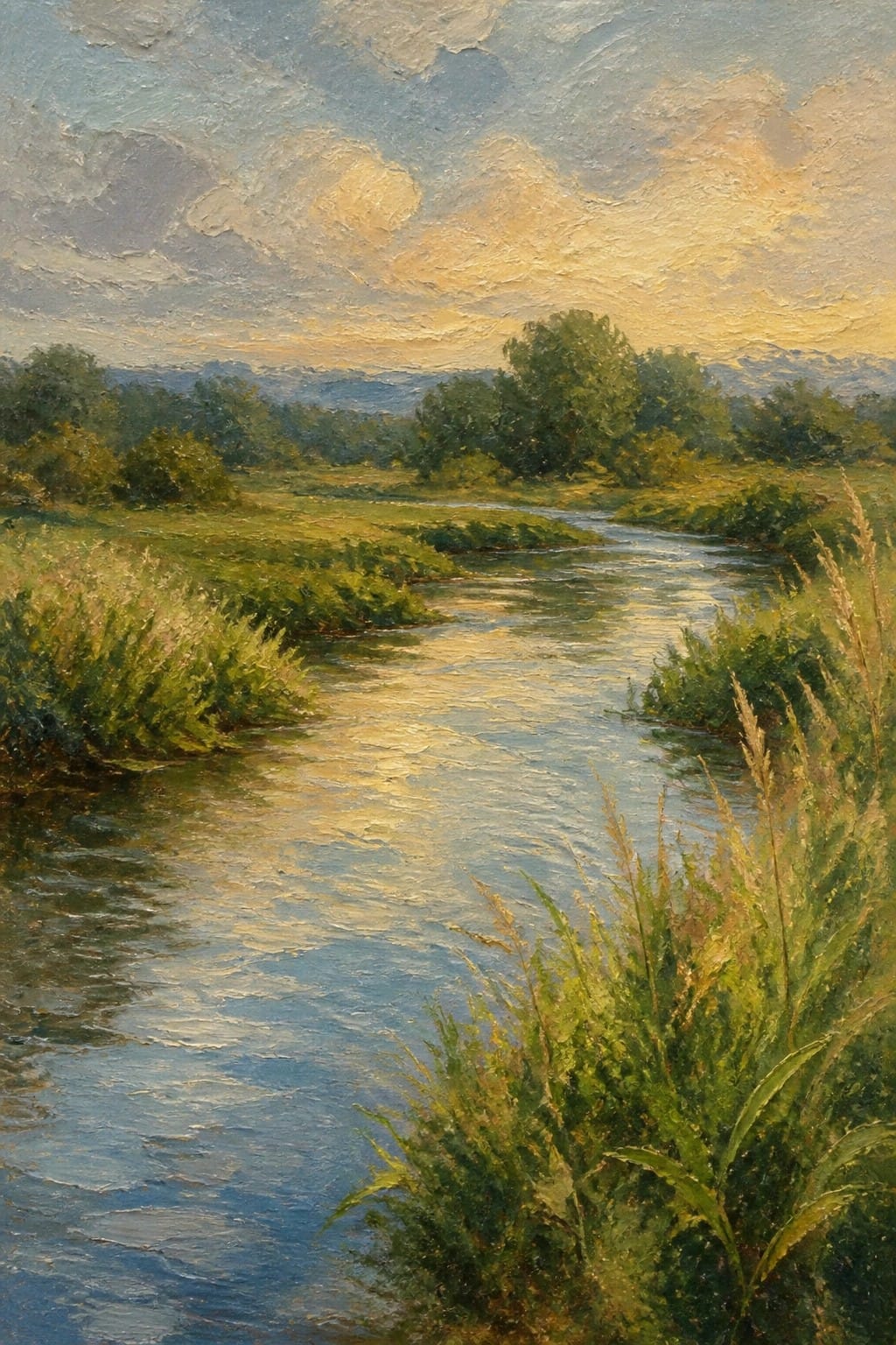 Winding river with golden sunset reflections flows through lush green banks and distant hills.