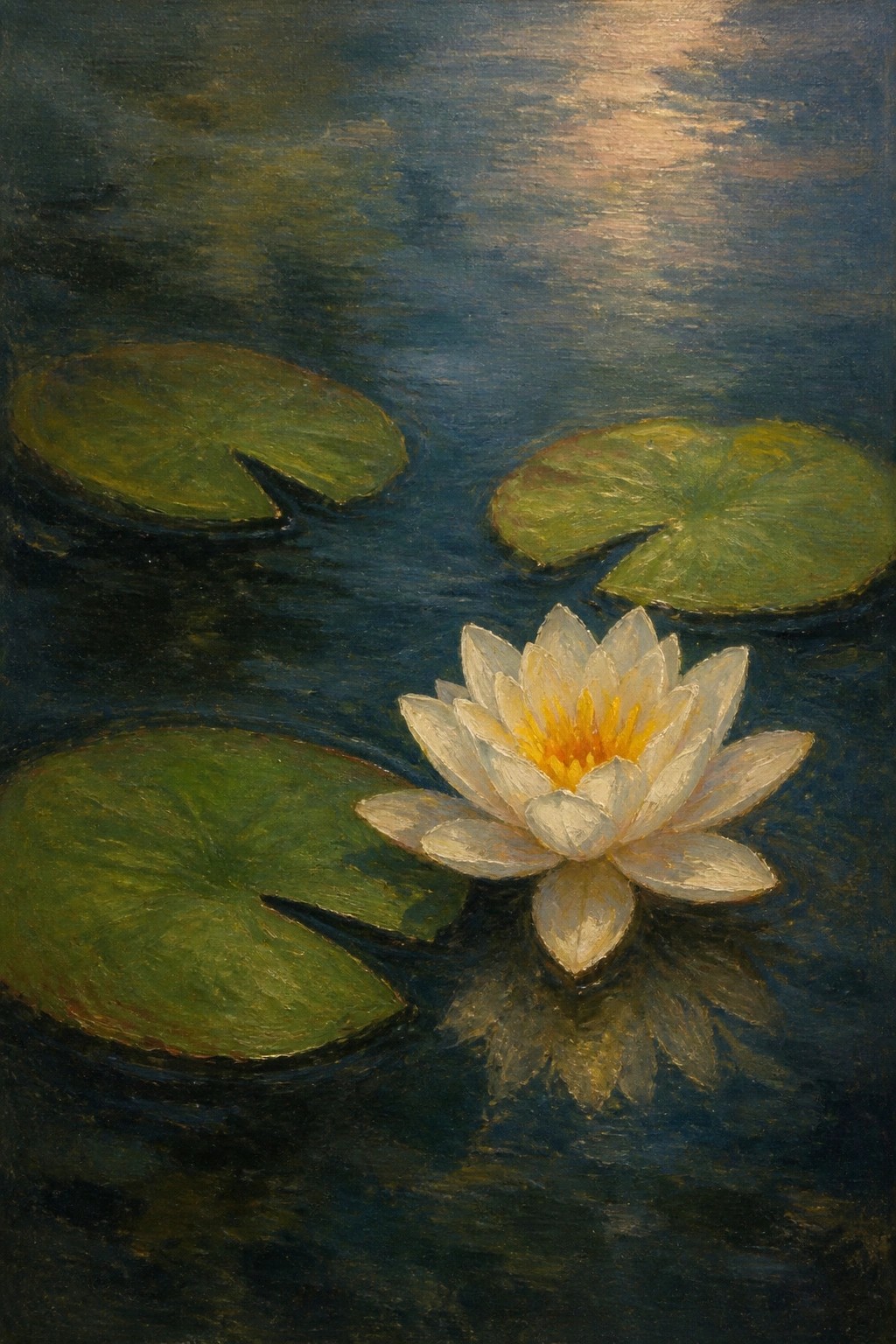 White water lily with yellow center amid green pads on dark blue water