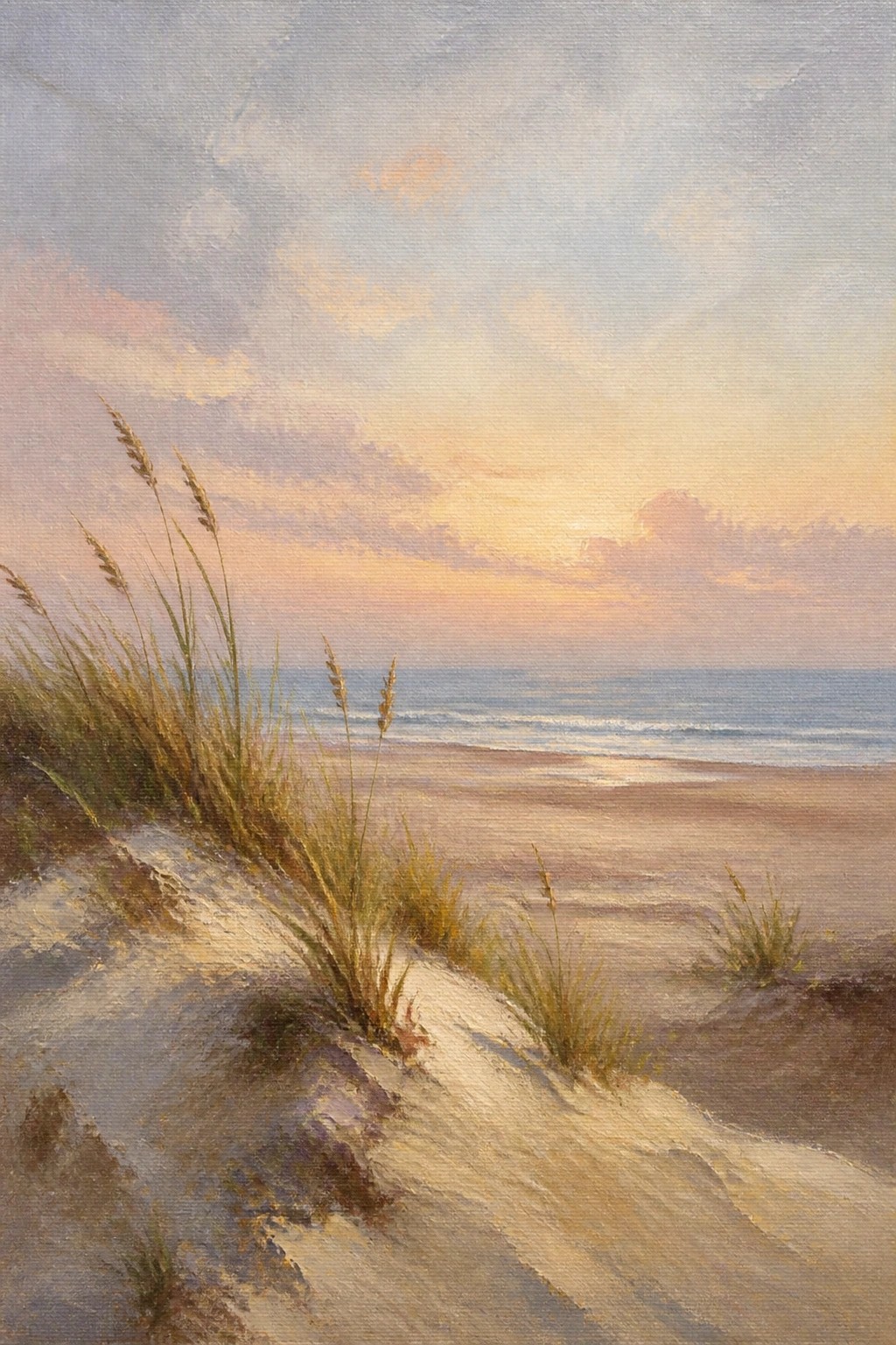 Oil painting of sand dunes with tall grasses overlooking a calm ocean at sunset.