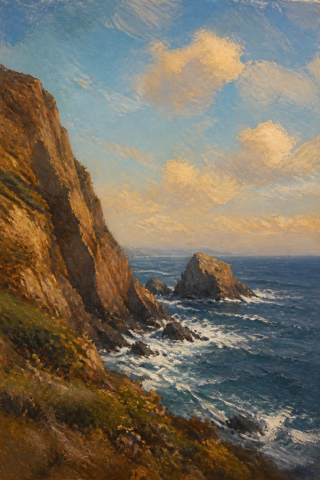Steep rocky cliffs overlook crashing waves on a blue sea beneath golden clouds.