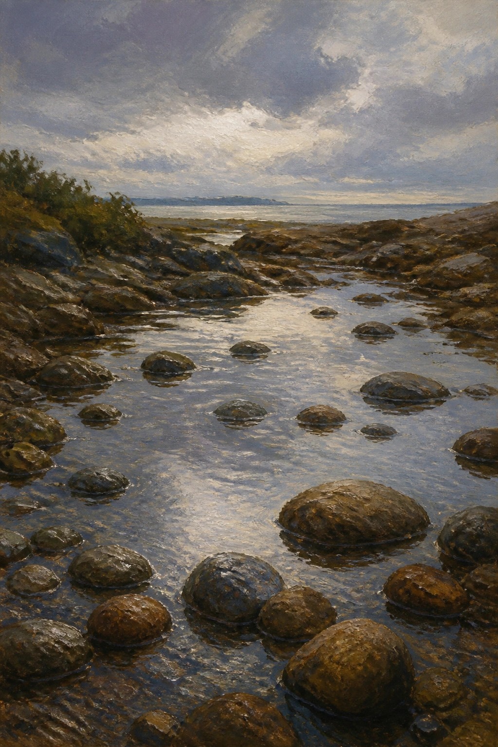 Rocks in shallow stream flowing toward sea under dramatic cloudy sky
