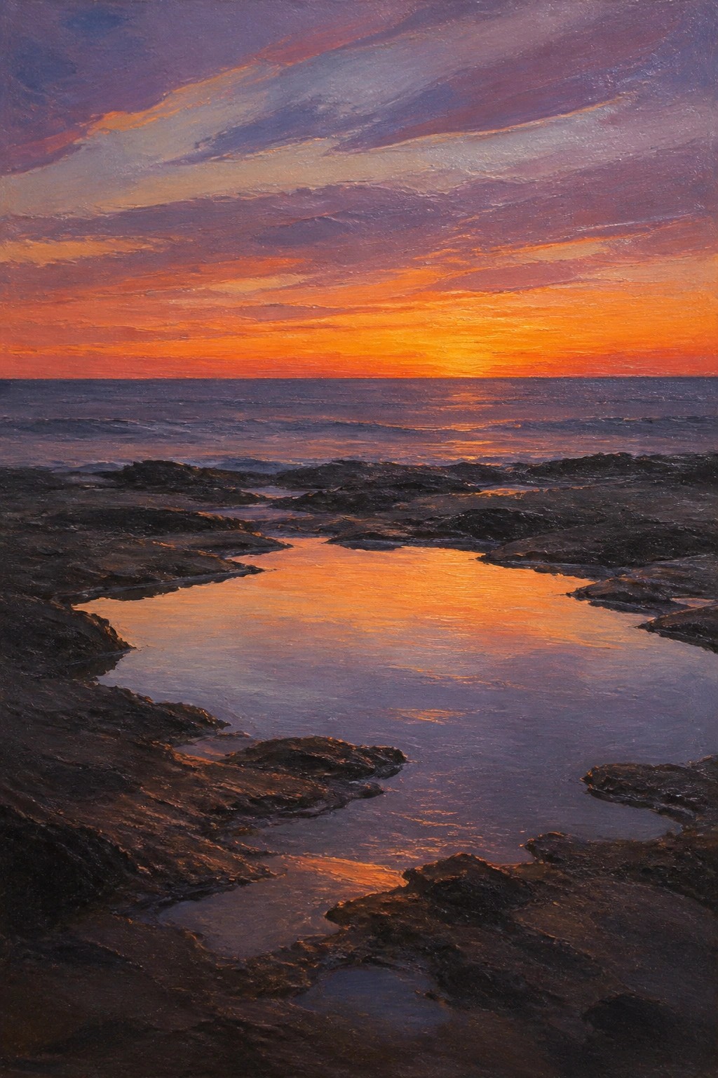 Dramatic ocean sunset with purple-orange skies reflecting in rocky tidal pools