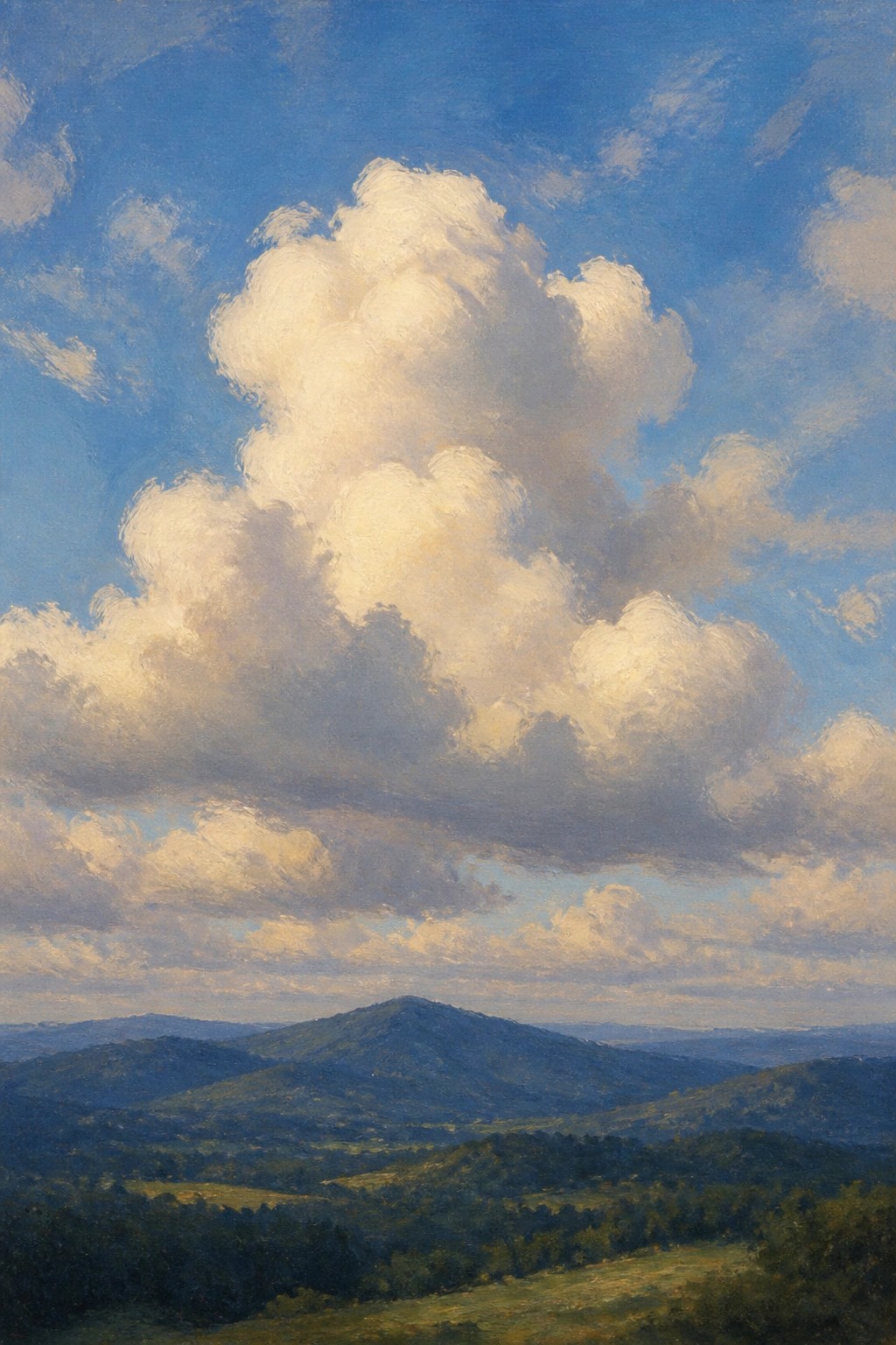 Large white cloud towering over lush green hills and distant mountains