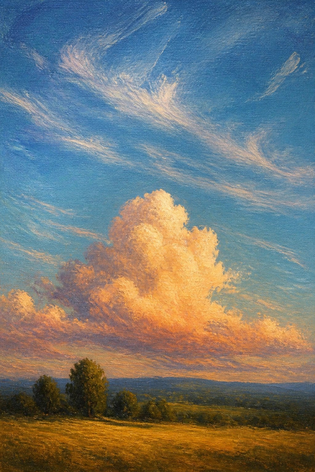 Large glowing cumulus cloud at sunset over fields, hills, and scattered trees