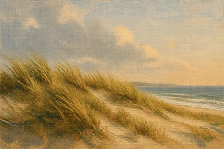 Oil painting of sand dunes with tall grasses overlooking a calm ocean at sunset.