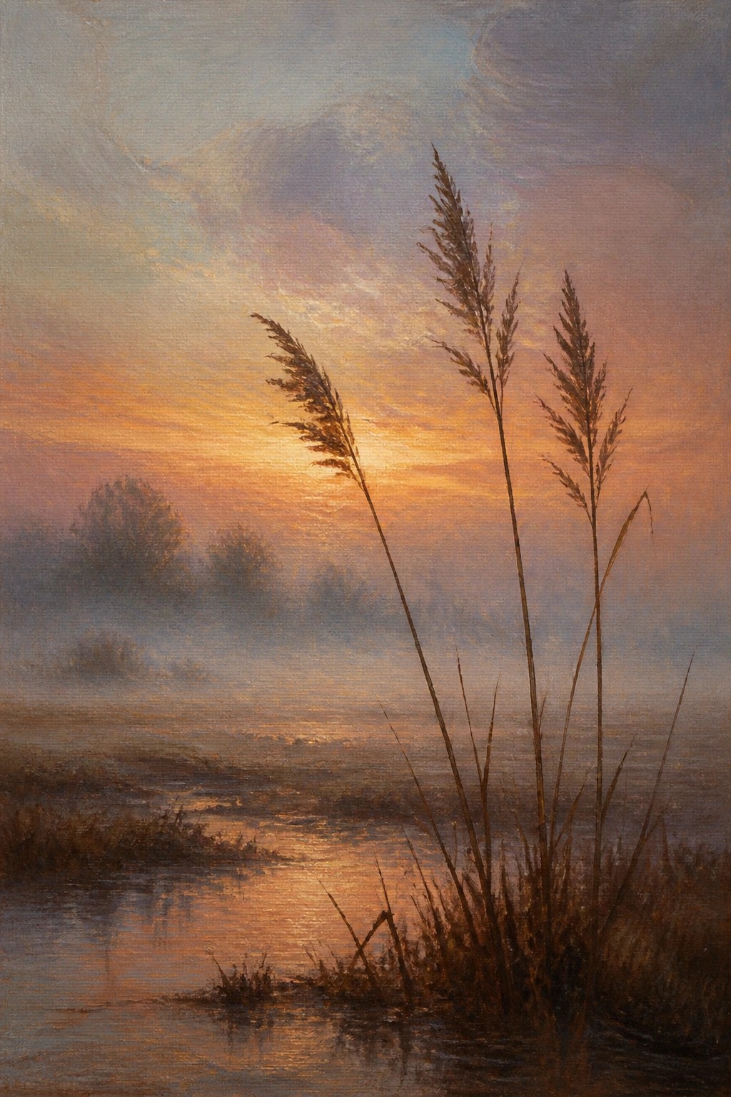 Tall reeds rise from misty water beneath vibrant orange-pink sunset sky.