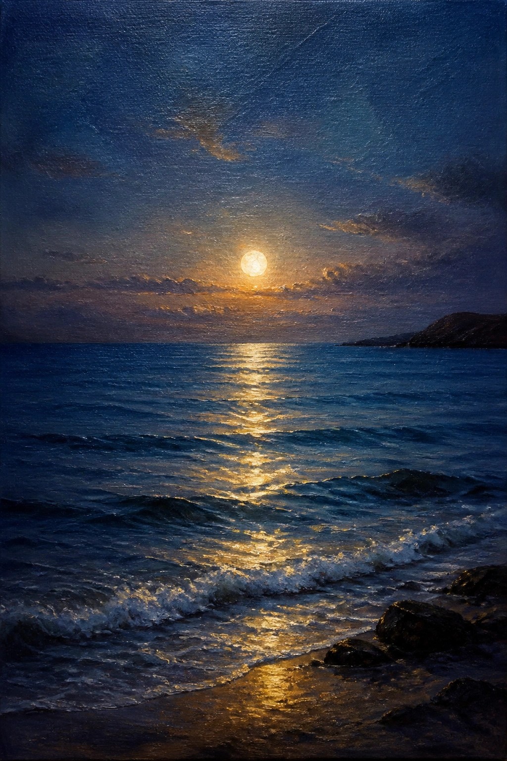 Oil painting of a full moon reflecting on dark ocean waves at night with rocks along the shore.