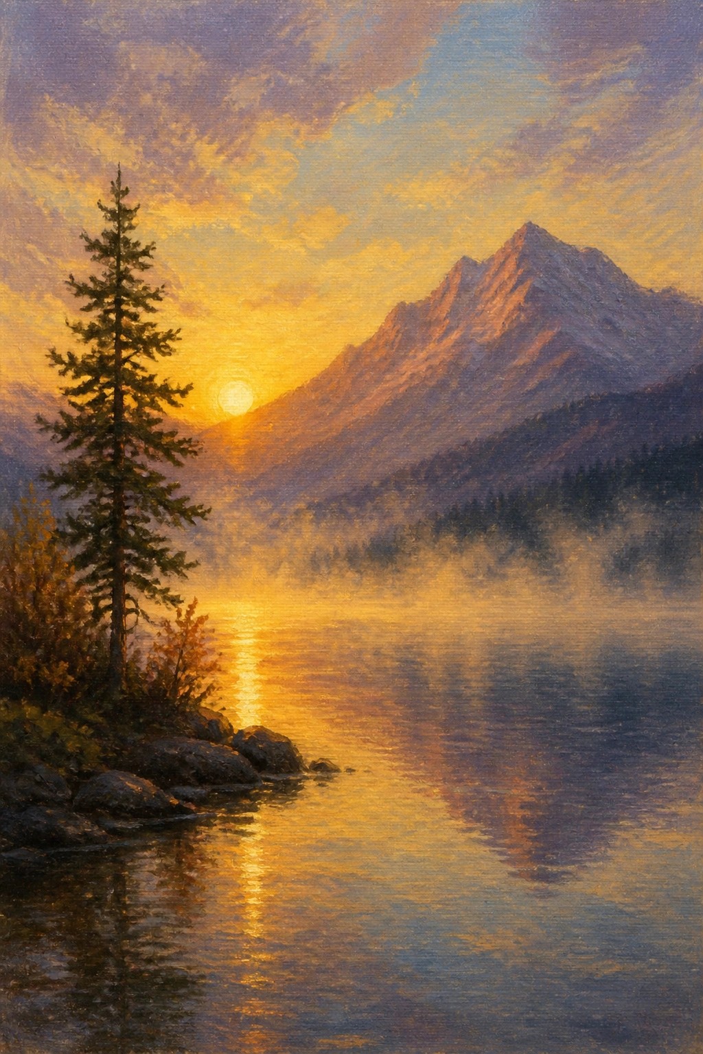 Sunset over misty mountain lake with golden reflections and lone pine tree on shore