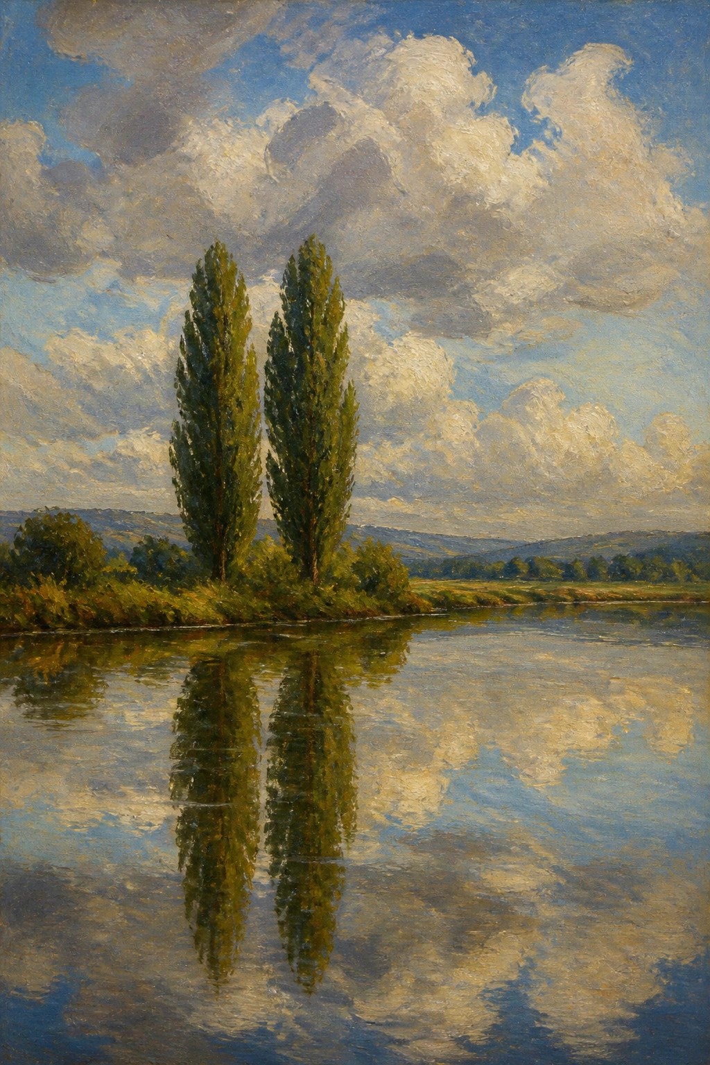 Oil painting of two tall trees beside a calm river with reflections, fluffy clouds, and low hills in the background.