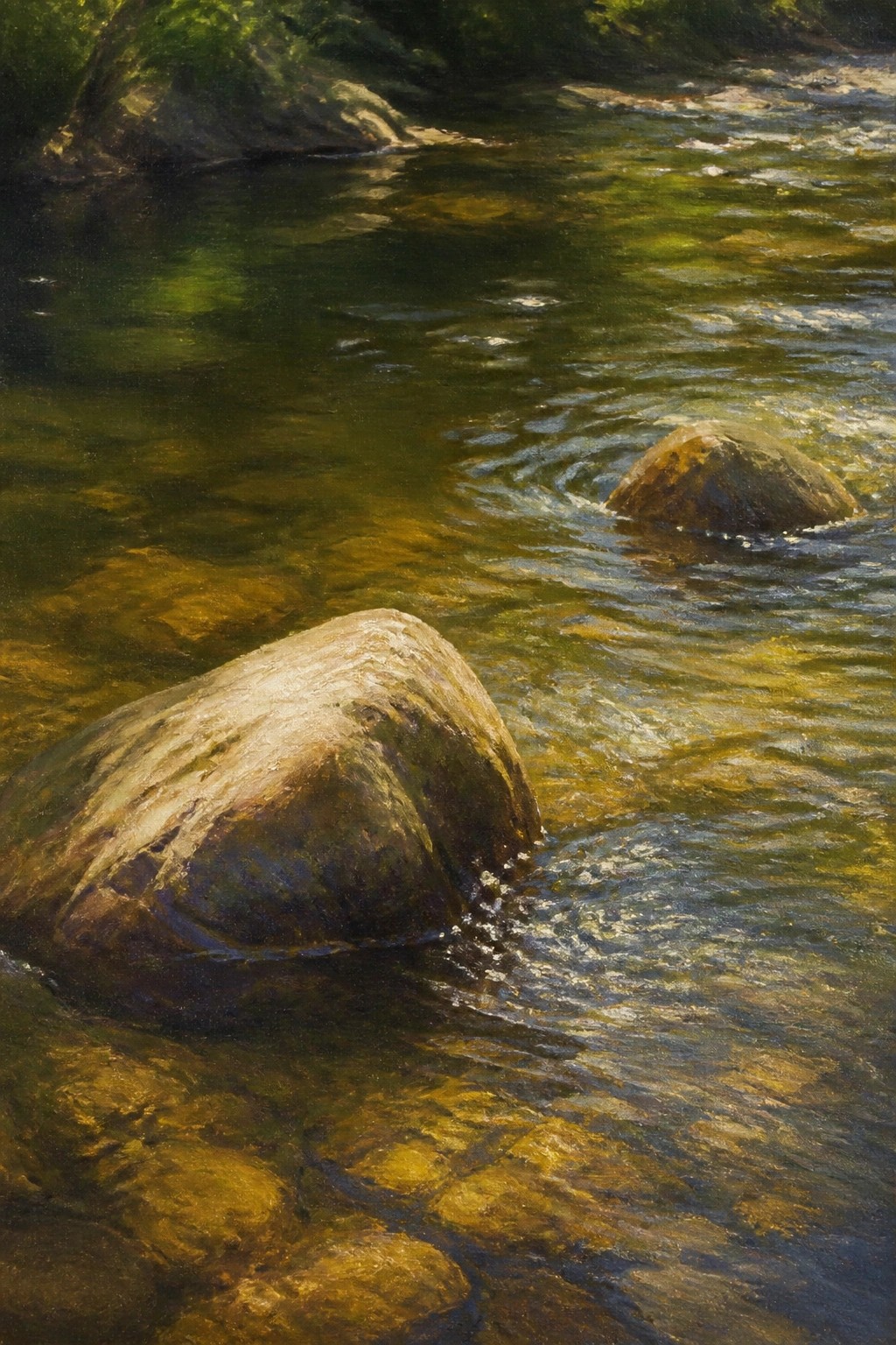 An oil painting of a flowing stream with large rocks in the foreground and sunlight reflecting on the water.