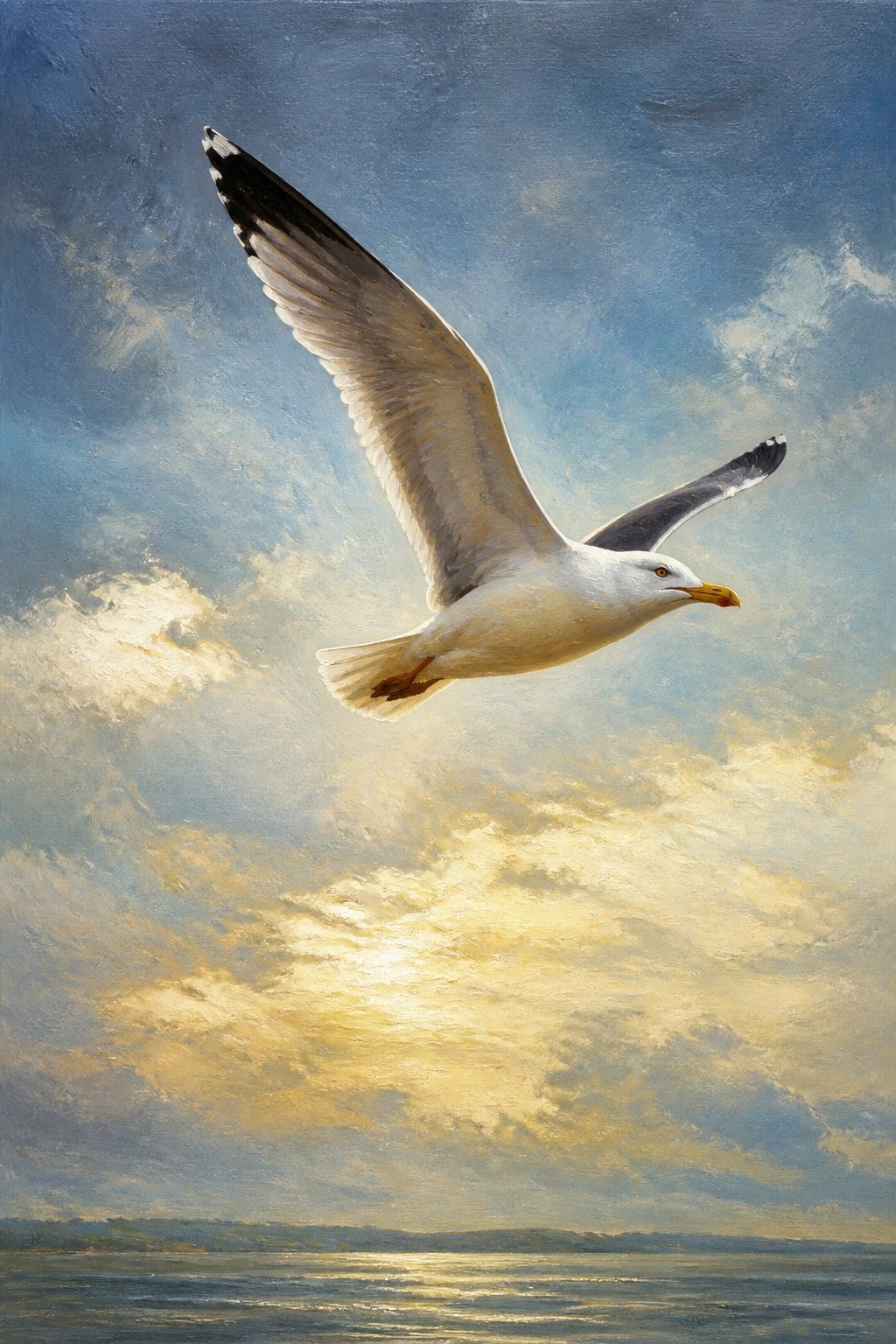 An oil painting of a white seagull with black-tipped wings flying over calm water beneath a blue sky with golden sunlight on the clouds.