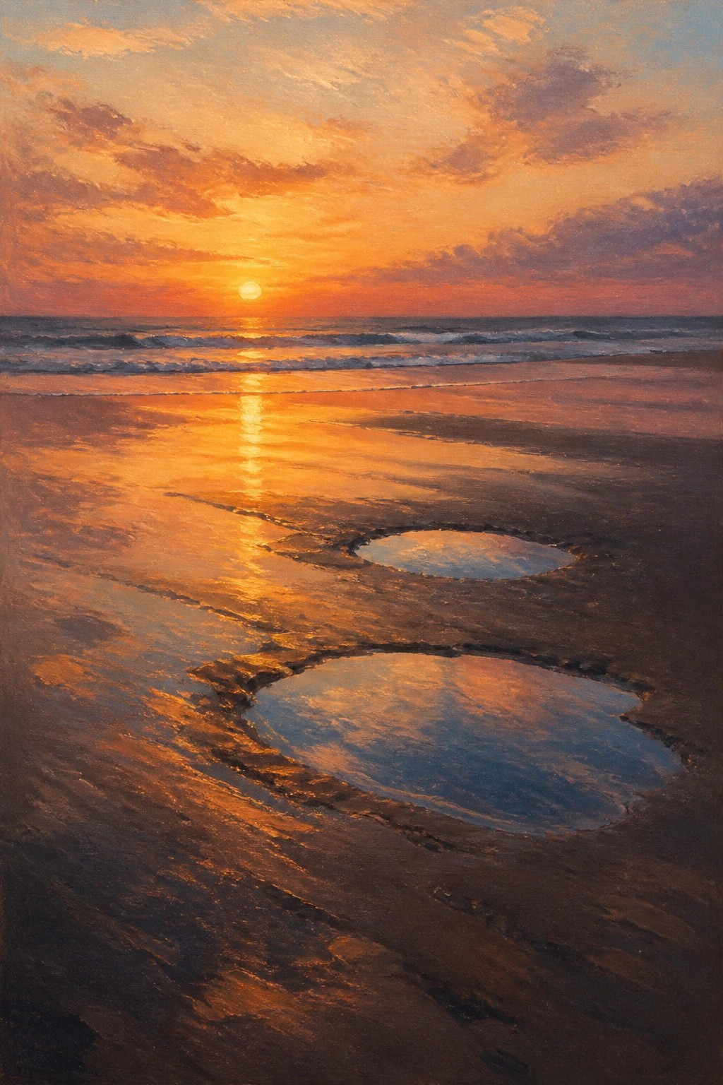 Sunset over ocean with golden reflections in beach tide pools and wet sand