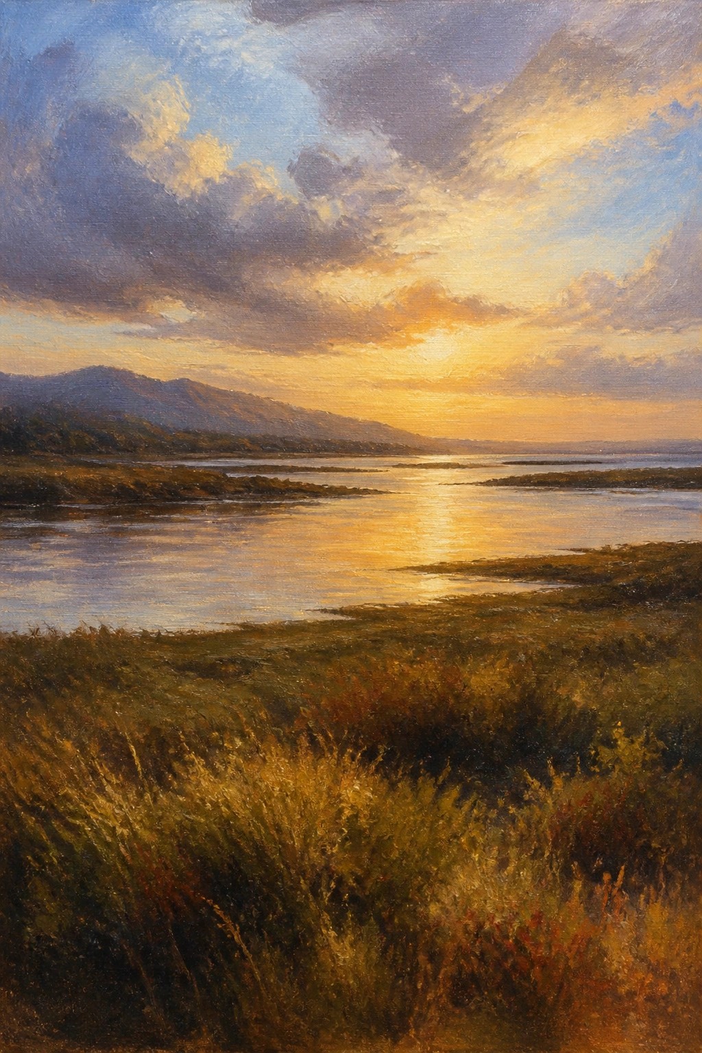 Sunset landscape with golden sunlight reflecting on calm waters, distant mountains, grassy foreground.