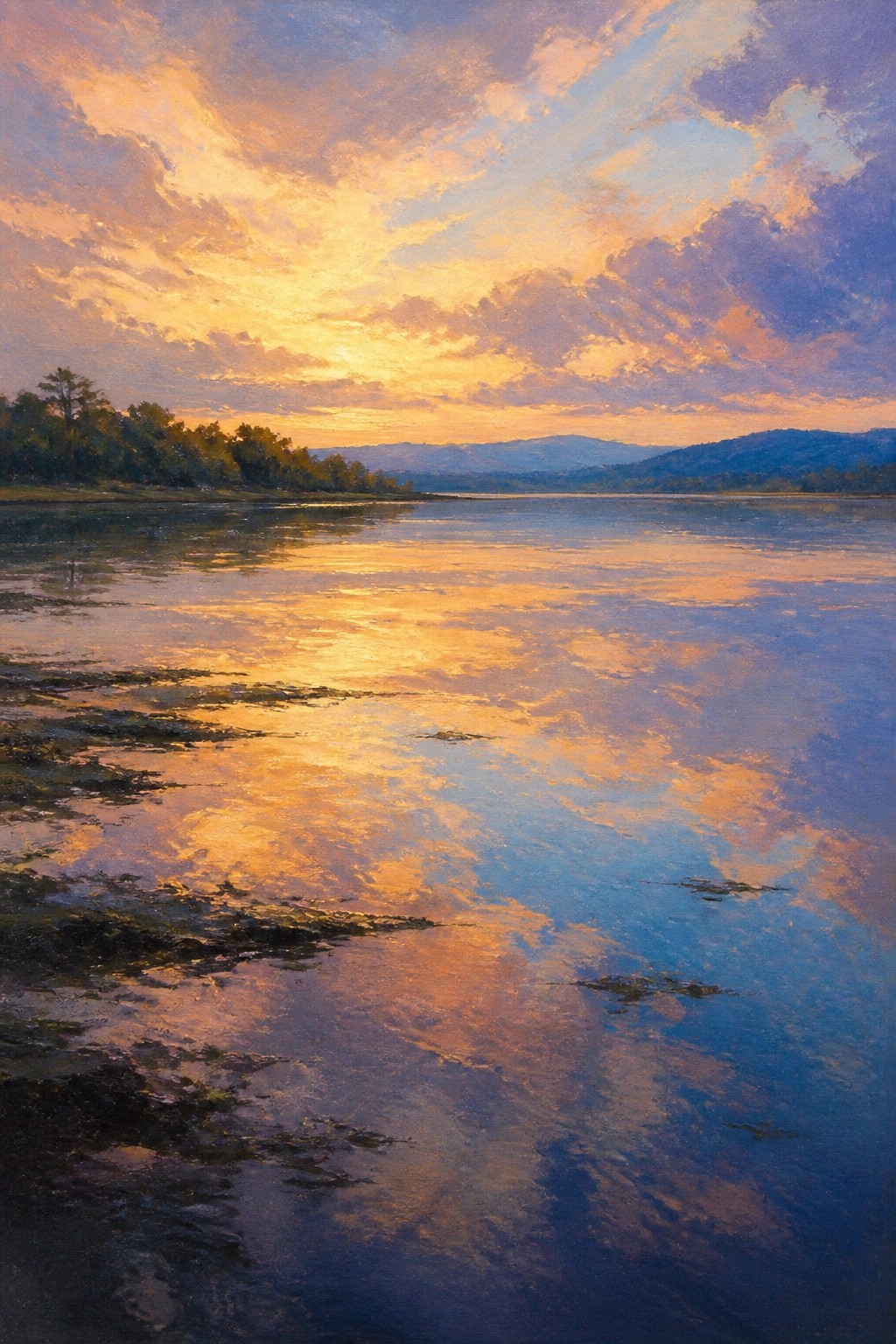 Sunset painting with vibrant orange sky reflecting on calm water and distant hills