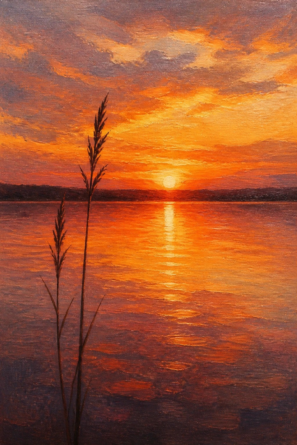 An oil painting of a vibrant orange sunset over calm water with the sun's reflection visible and two tall dark reeds in the foreground.
