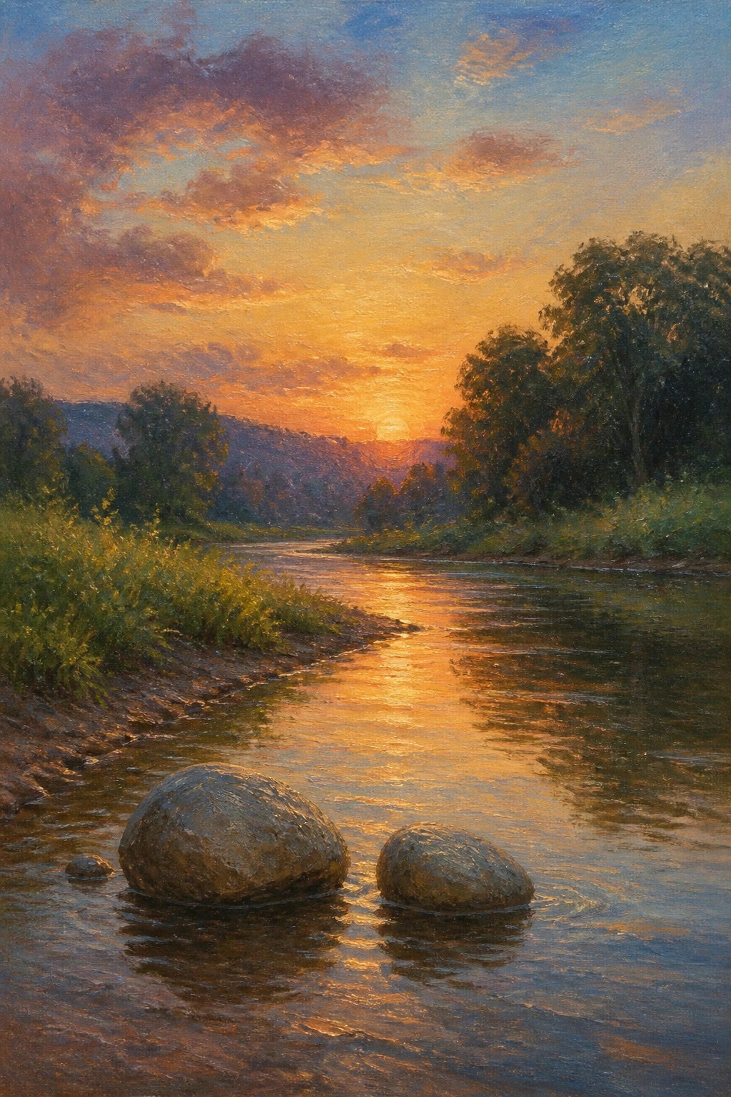 Sunset glowing over a tranquil river with rocks, trees lining the banks and hills