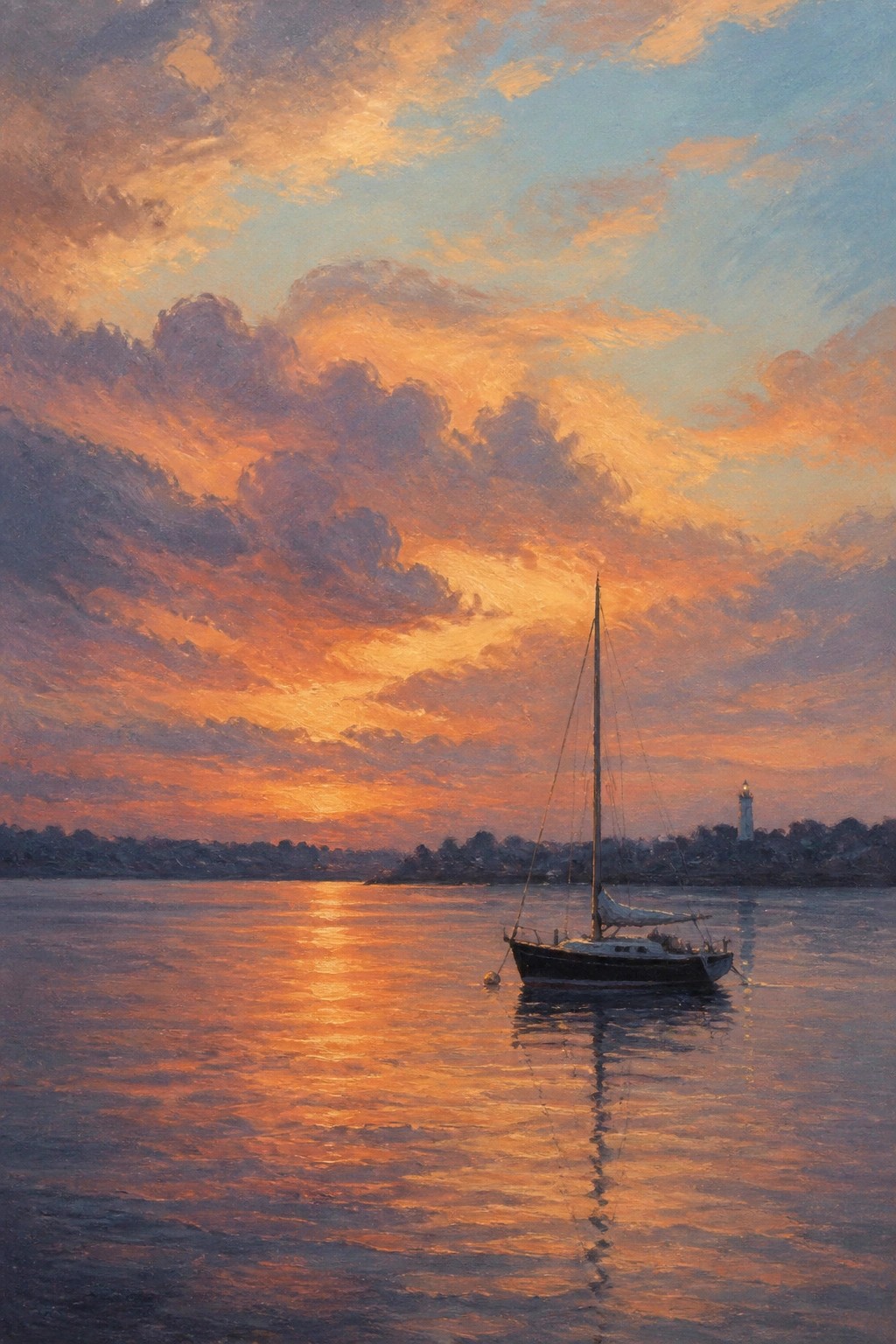 An oil painting of a sailboat floating on calm water at sunset with orange and pink clouds reflected below and a lighthouse visible on the distant shore.