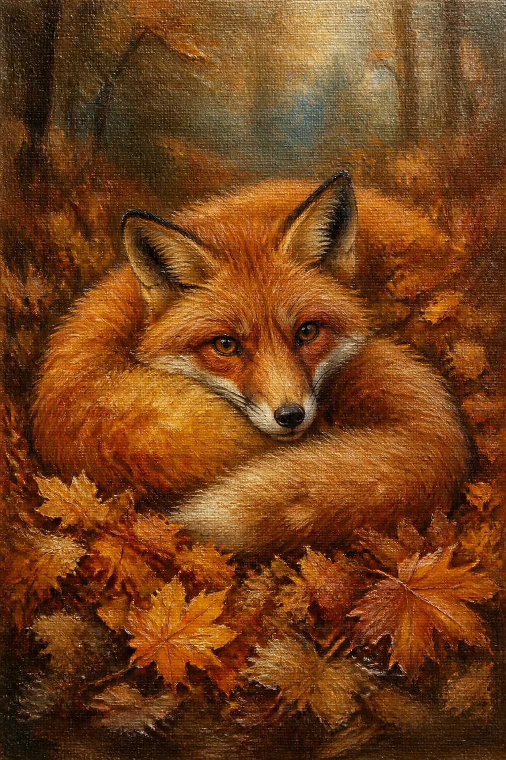 Red fox curled in autumn leaves, warm oil painting of forest scene