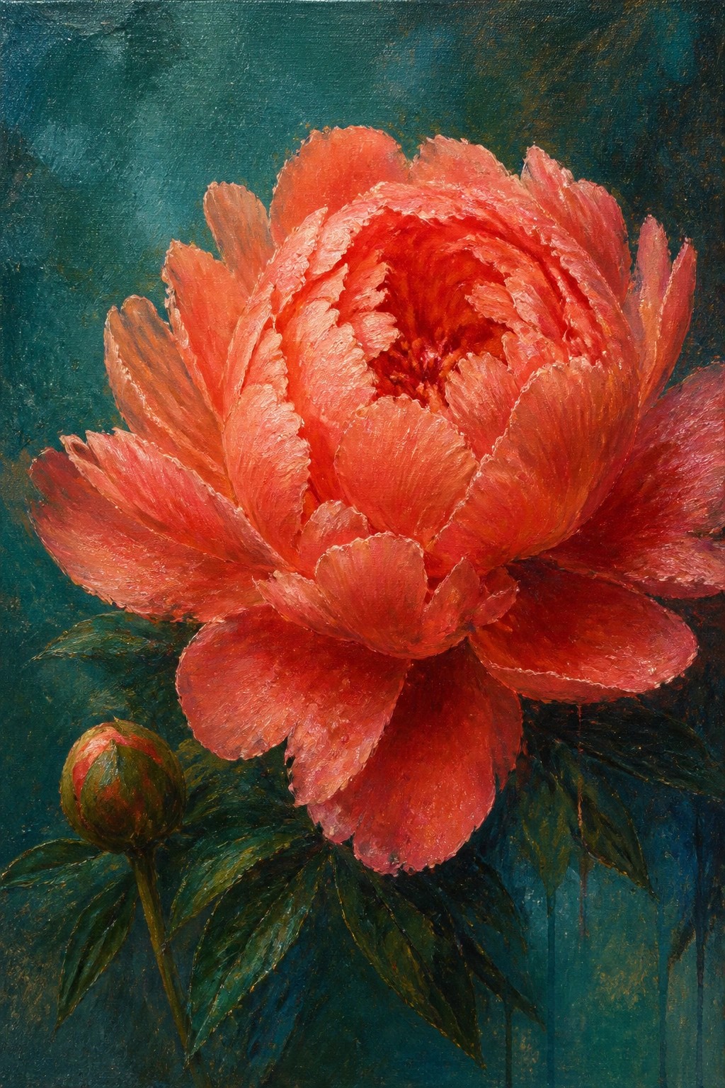 Vivid red peony bloom with bud and green leaves on dark teal background