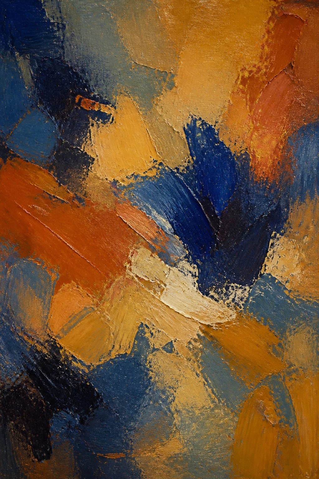 Abstract painting with thick impasto strokes in blue, orange, and yellow.