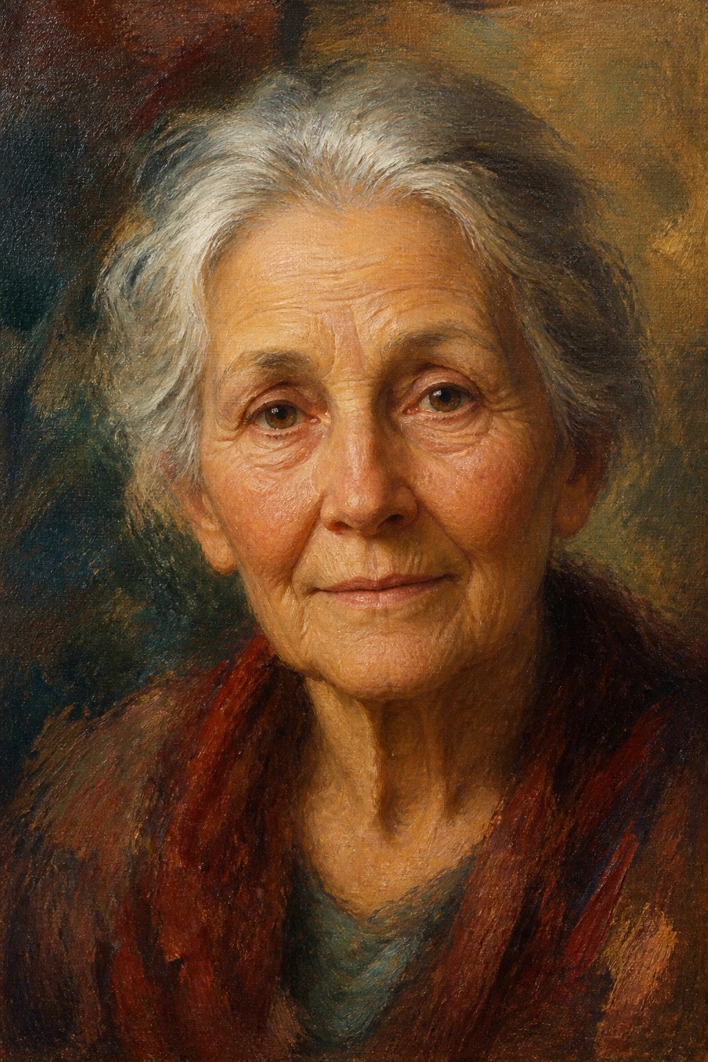 Elderly woman with gray hair wearing red shawl in realistic oil portrait.