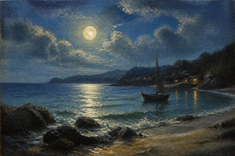19 Unique Mini Canvas Oil Painting Ideas for Small Creative Sessions Moonlit sailboat on reflective sea near rocky shore with distant glowing hills