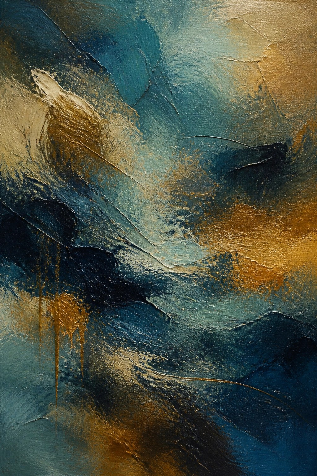Abstract painting with thick swirling brushstrokes in blue, teal, and gold.