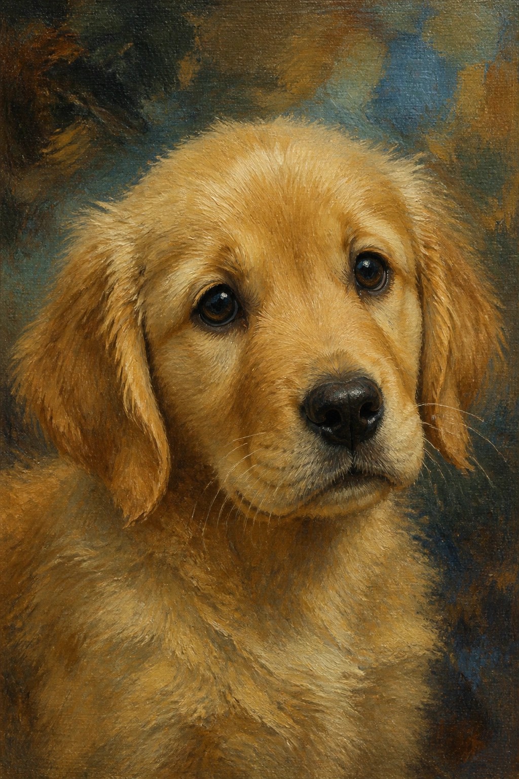 Oil painting close-up of a golden retriever puppy face with soft fur, dark eyes, and a muted abstract background.