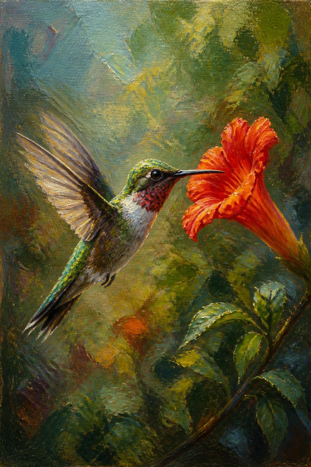 Vibrant hummingbird with green-red plumage hovers near orange-red trumpet flower