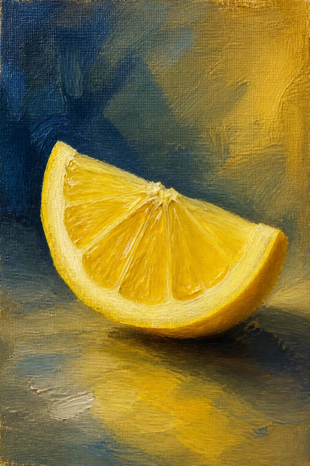 Vibrant yellow lemon wedge with visible brushstrokes on blue-gold background