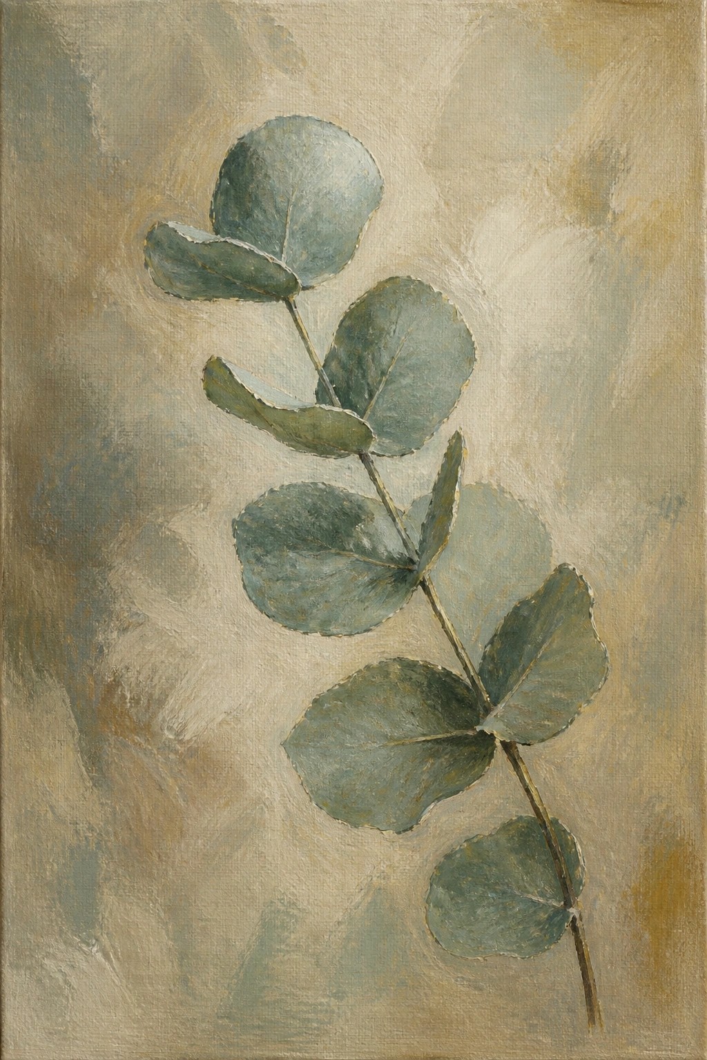Eucalyptus branch with blue-green leaves on a textured beige background