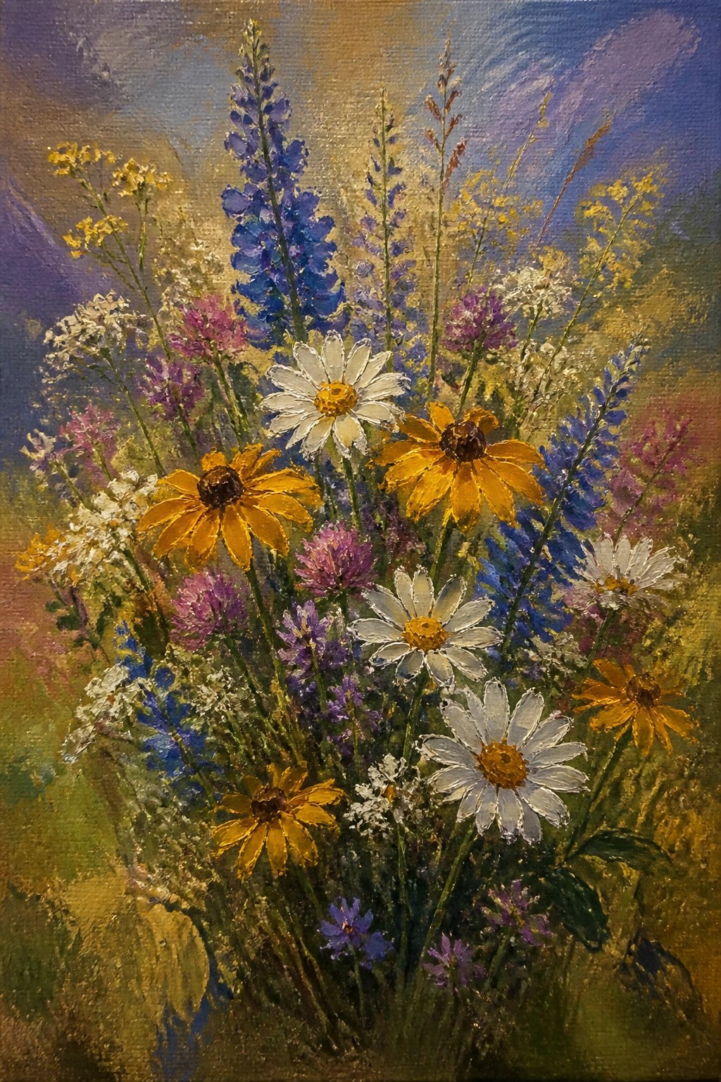 Vibrant wildflower meadow painting with white daisies, yellow blooms, and blue-purple spikes