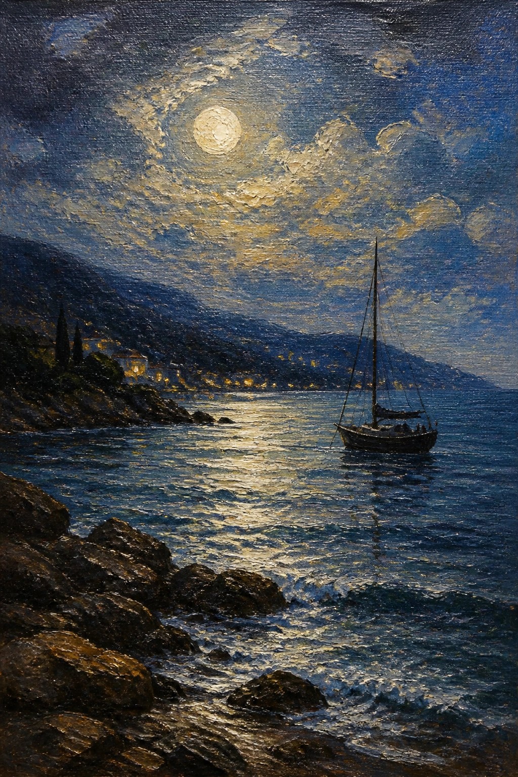Moonlit sailboat on reflective sea near rocky shore with distant glowing hills