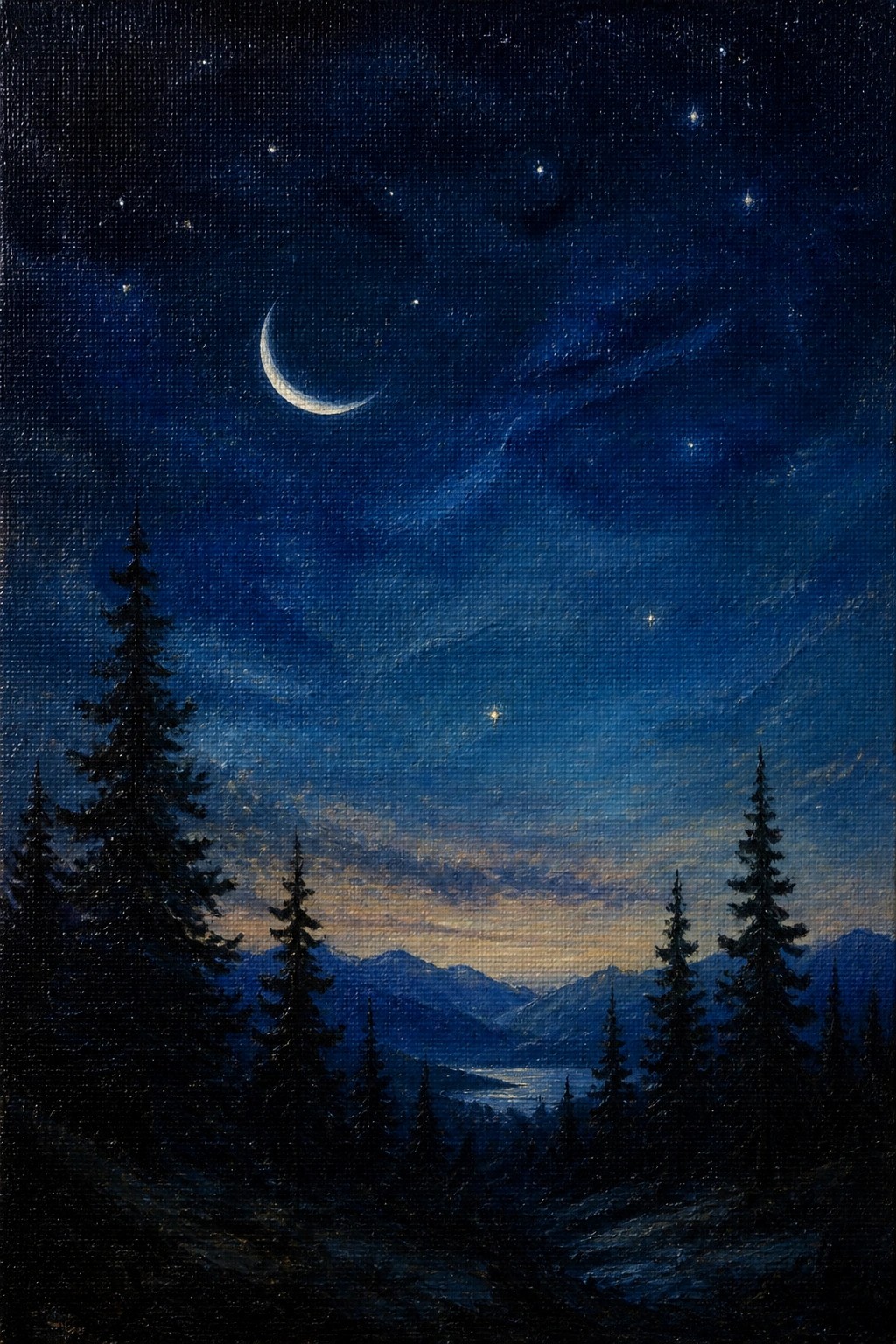 Crescent moon above starry sky, silhouetted pines, mountains, and river valley