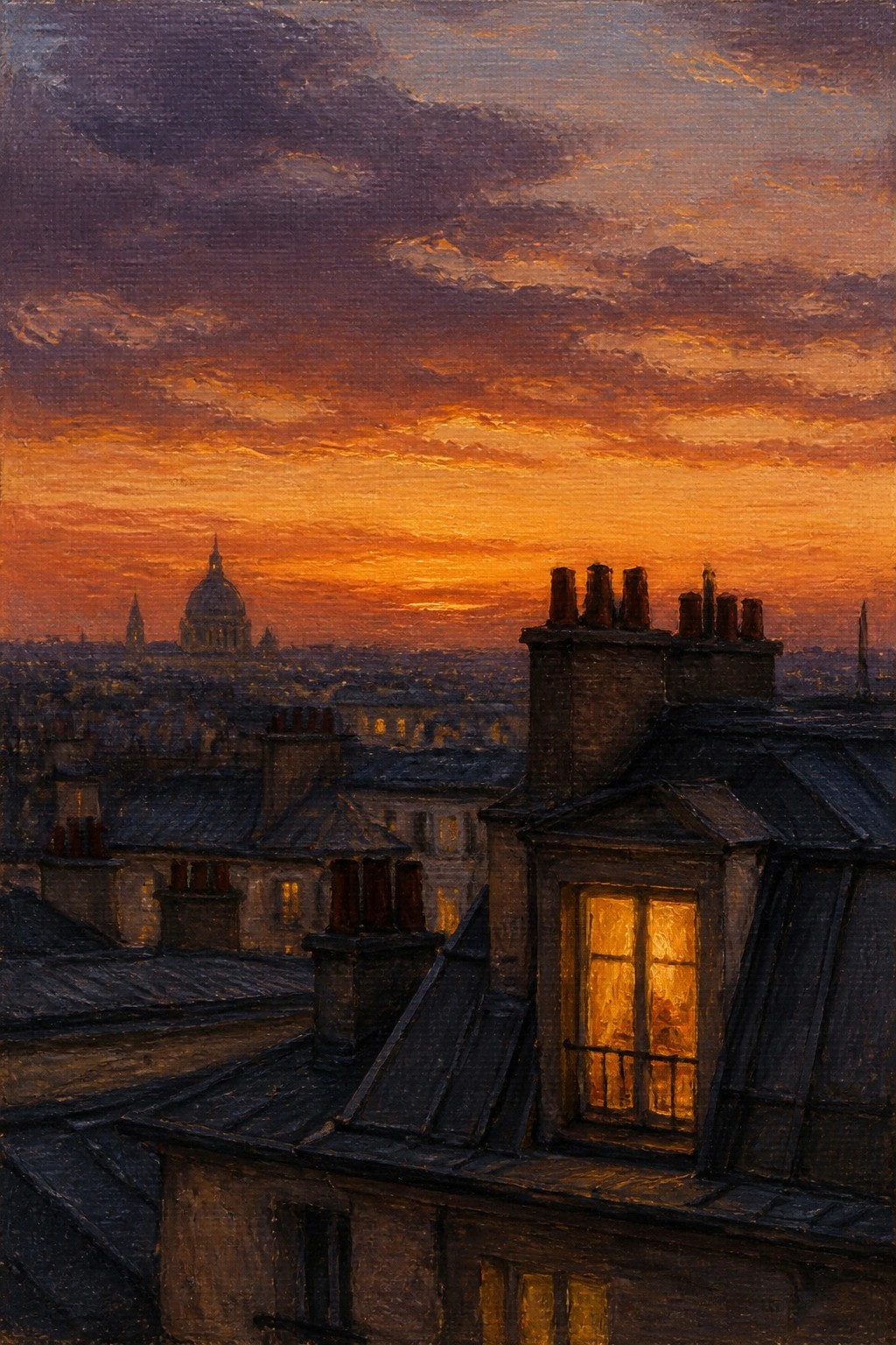 An oil painting shows dark rooftops and chimneys at sunset with one brightly lit window and a distant domed building on the horizon.