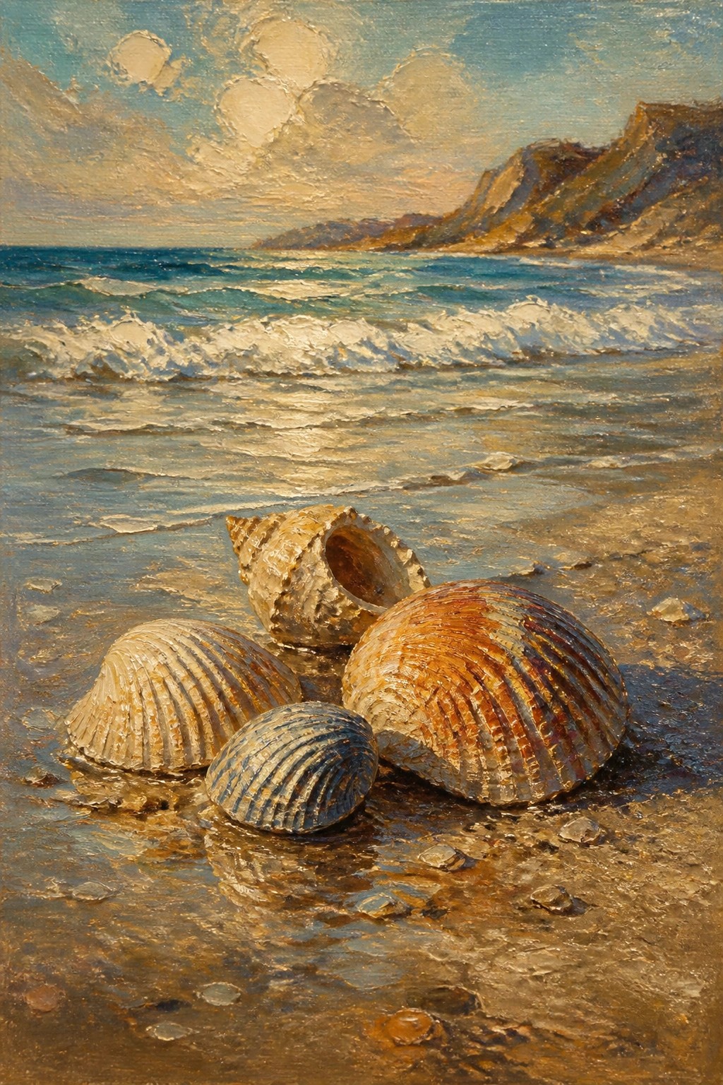 Seashells on wet sand with ocean waves and distant mountains at sunset