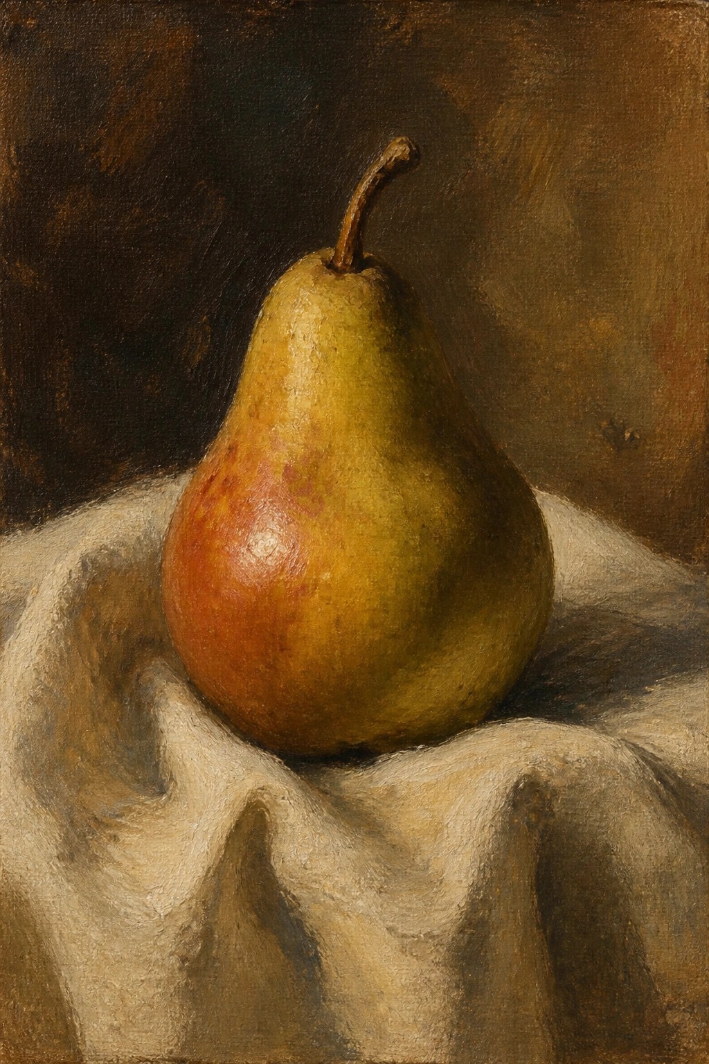 Ripe yellow-green pear with red blush on white draped cloth against dark background.