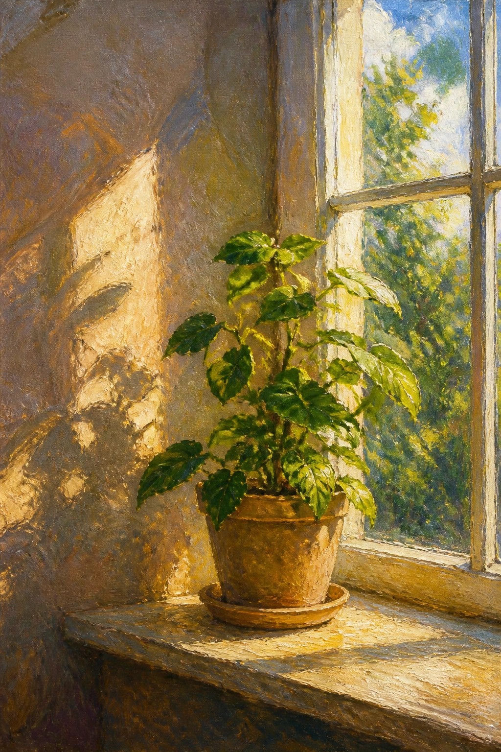 Sunlit green potted plant on wooden windowsill with shadows on wall