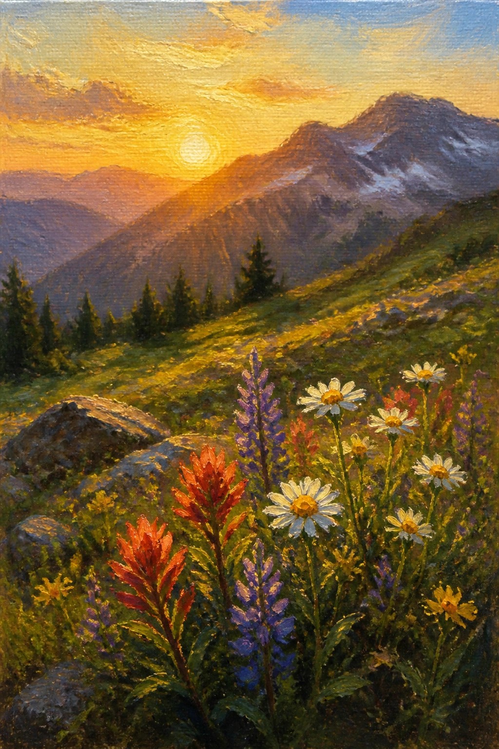 Sunset over snow-capped mountains with colorful wildflowers blooming in a meadow.