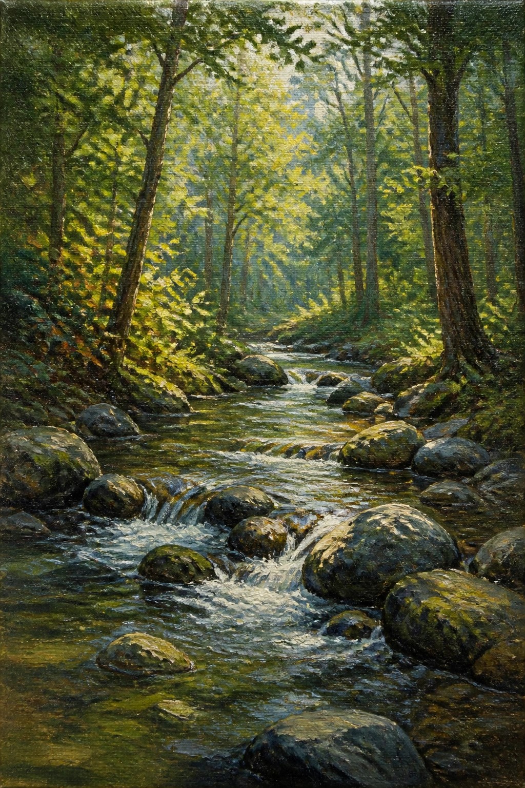 Sunlit stream cascades over mossy rocks amid lush green forest trees.