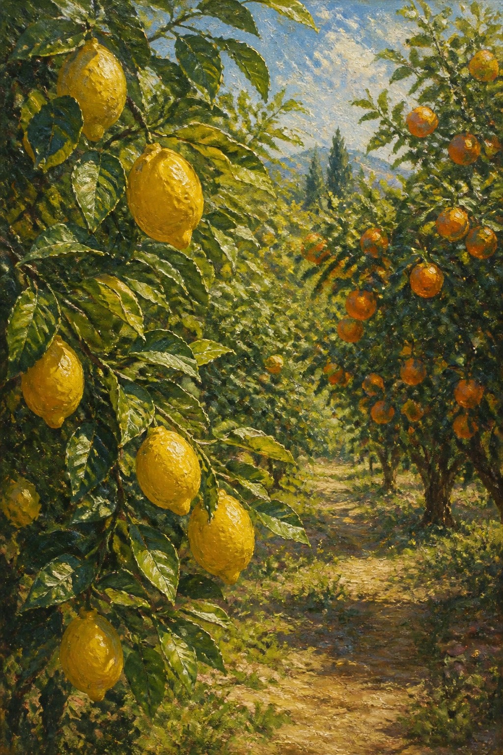 Yellow lemons on leafy branches beside a sunlit path with orange trees