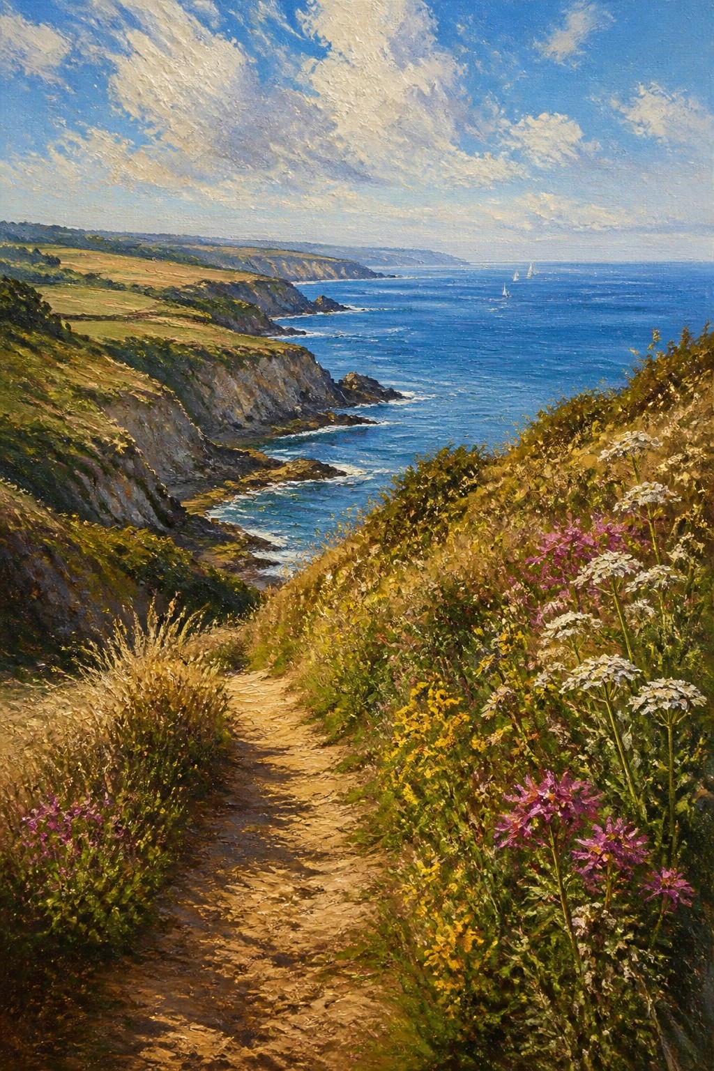 Coastal cliff path lined with wildflowers overlooking blue sea and distant sailboats